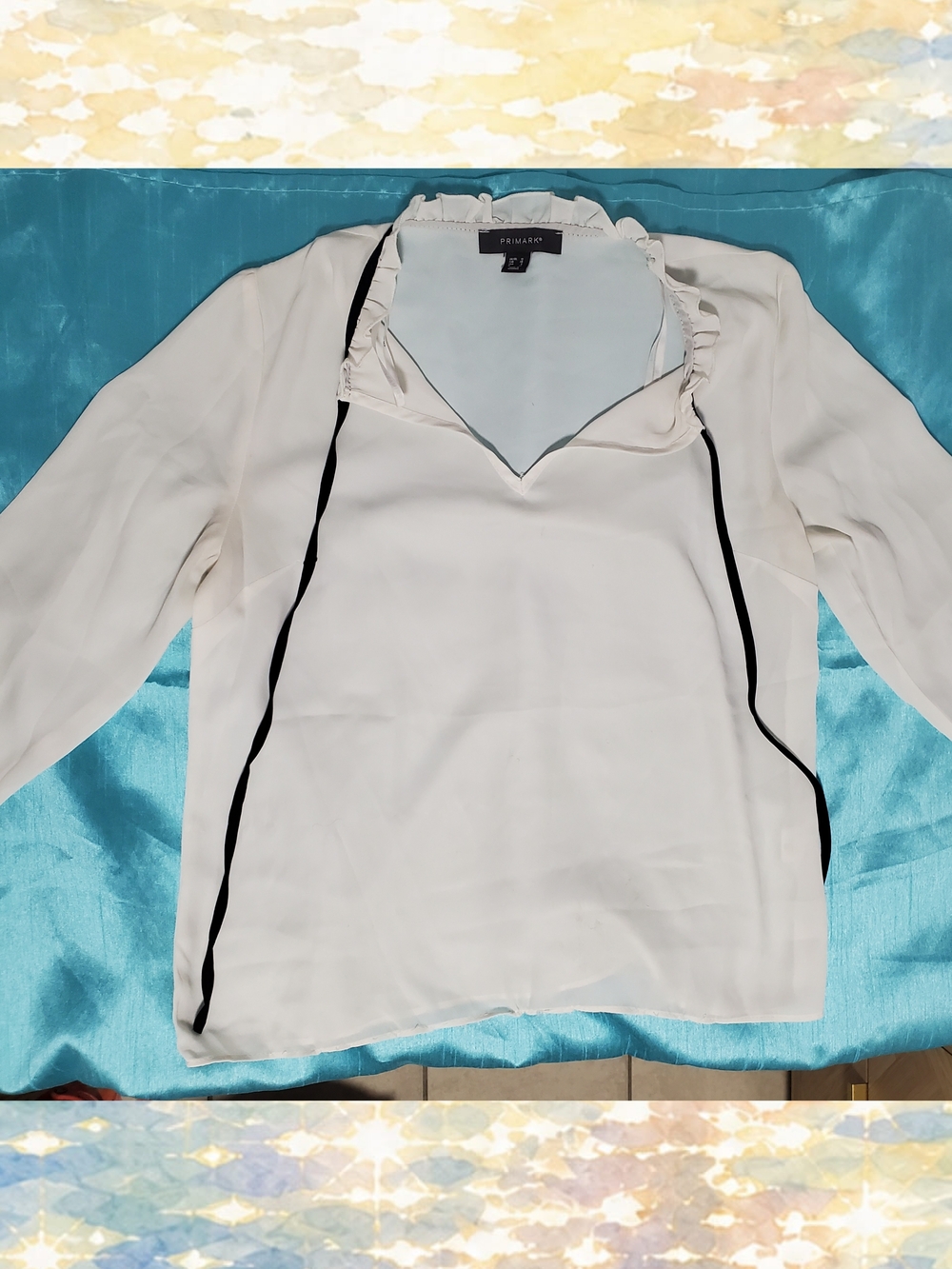 Primark Cream V-Neck Ruffle Blouse with Black Piping